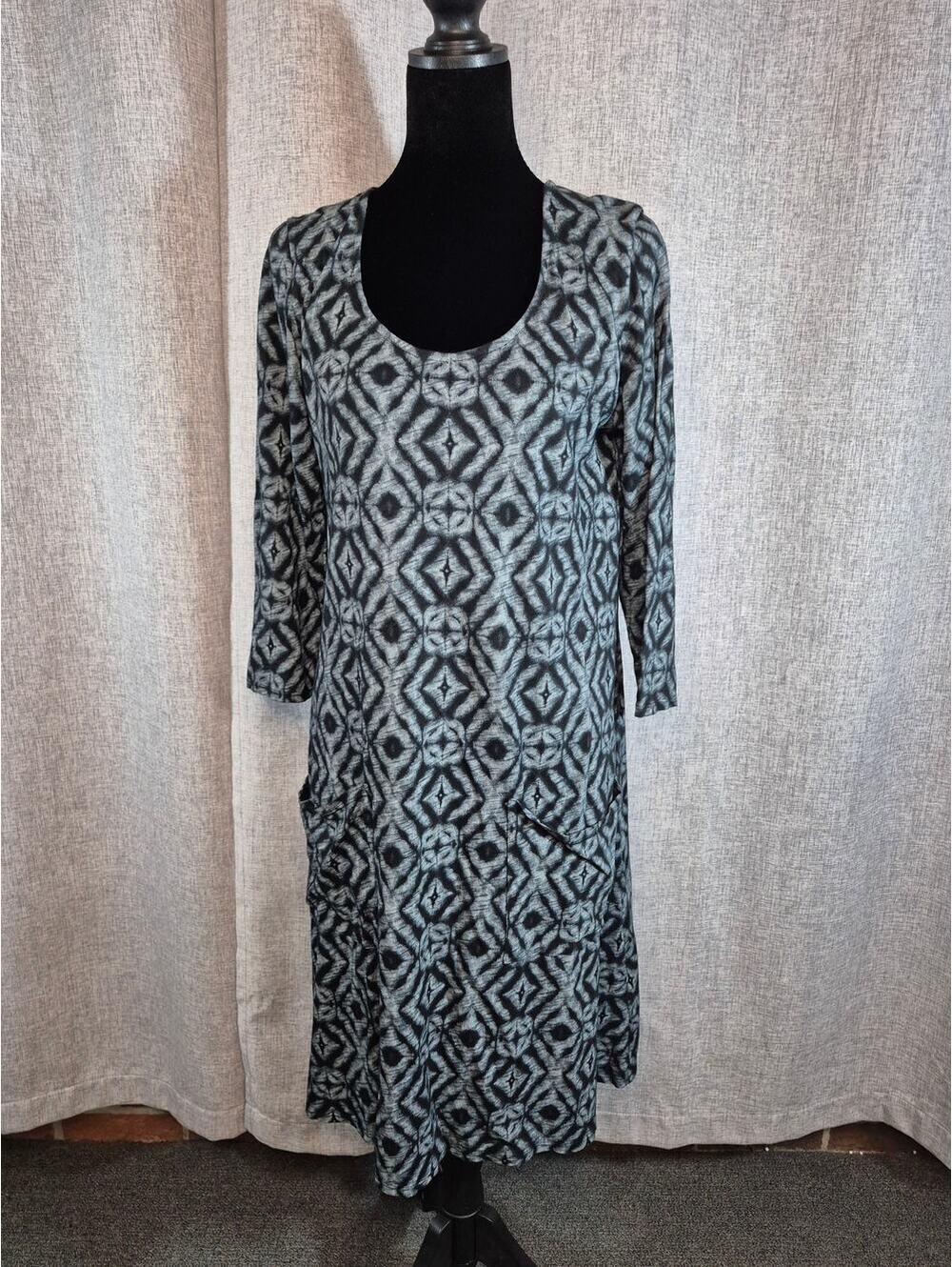 Fresh Produce Dress Medium Gray Black Geometric 100% Cotton USA Pockets Midi
